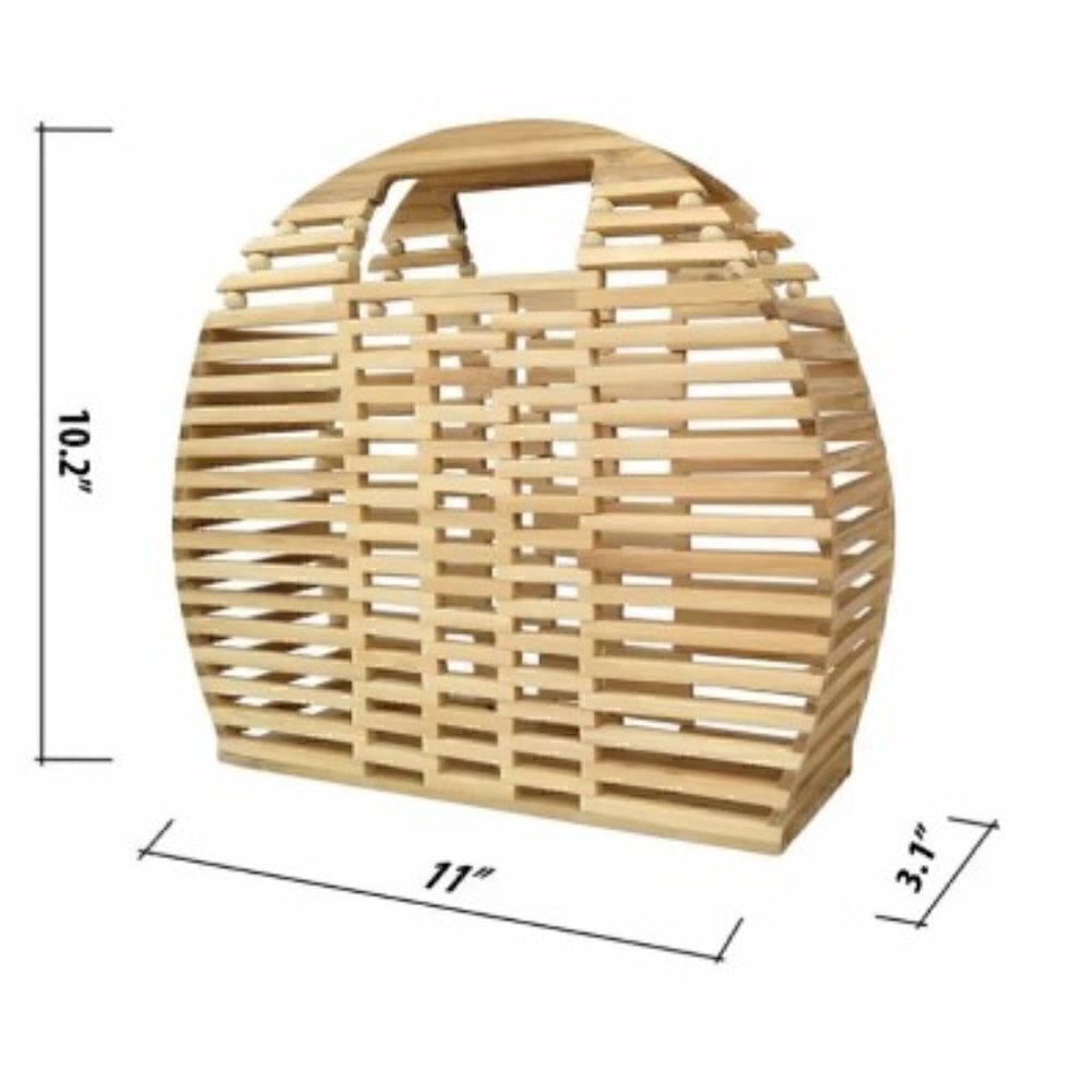 Smooth Natural Bamboo Bag Top Handle, Bamboo Woven Beach Bag, Half Moon,… - Picture 3 of 3